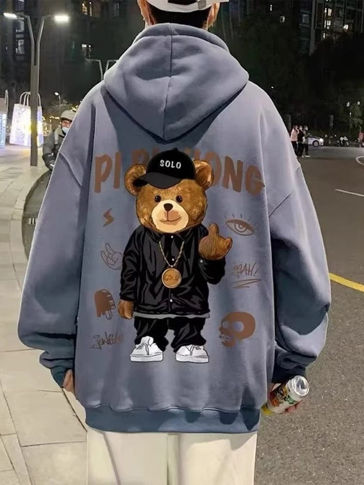 Eleganza Italiana Autumn Middle Finger Bear Print Casual Hooded Sweatshirt For Men Japanese Hoodies Pullover Harajuku Fashion Y2K Streetwear Streetwear high fashion shein amazon temu target Walmart online