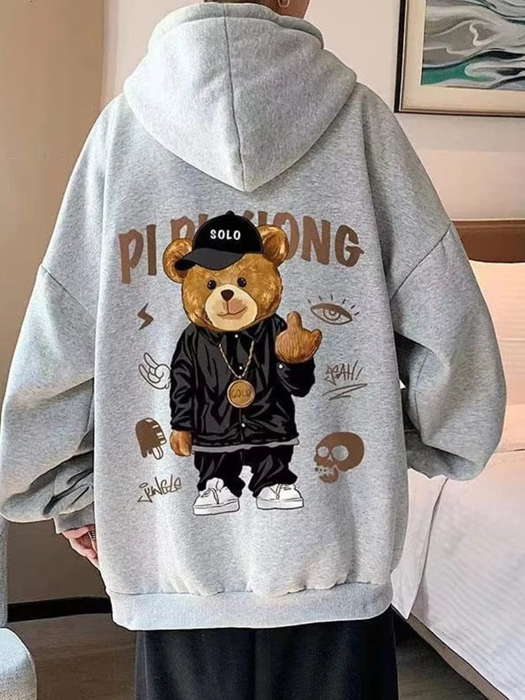 Eleganza Italiana Autumn Middle Finger Bear Print Casual Hooded Sweatshirt For Men Japanese Hoodies Pullover Harajuku Fashion Y2K Streetwear Streetwear high fashion shein amazon temu target Walmart online