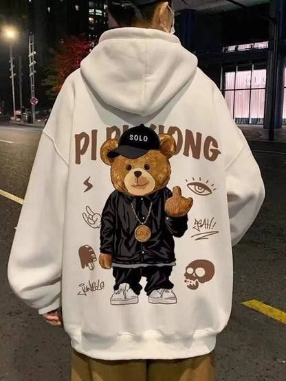 Eleganza Italiana Autumn Middle Finger Bear Print Casual Hooded Sweatshirt For Men Japanese Hoodies Pullover Harajuku Fashion Y2K Streetwear Streetwear high fashion shein amazon temu target Walmart online