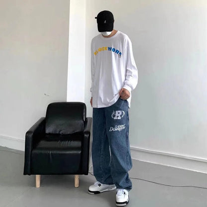 Eleganza Italiana Autumn New Streetwear Men Baggy Wide-leg Jeans Retro Harajuku Hip-hop Letter Thermoprint Oversized Straight-leg Pants Y2K Jeans Streetwear high fashion shein amazon temu target Walmart online