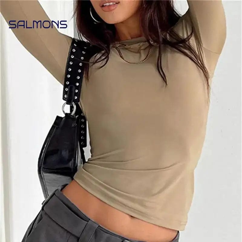 Eleganza Italiana Autumn Winter Y2k Crop Women Long Sleeve T Shirt O Neck Slim Fit Pullovers Solid Basic Tee Female Streetwear Casual Base Tops Streetwear high fashion shein amazon temu target Walmart online