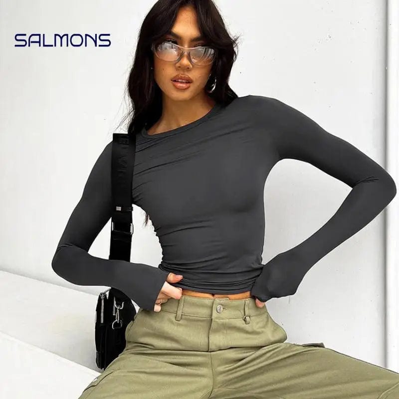 Eleganza Italiana Autumn Winter Y2k Crop Women Long Sleeve T Shirt O Neck Slim Fit Pullovers Solid Basic Tee Female Streetwear Casual Base Tops Streetwear high fashion shein amazon temu target Walmart online