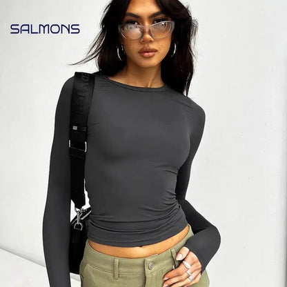 Eleganza Italiana Autumn Winter Y2k Crop Women Long Sleeve T Shirt O Neck Slim Fit Pullovers Solid Basic Tee Female Streetwear Casual Base Tops Streetwear high fashion shein amazon temu target Walmart online