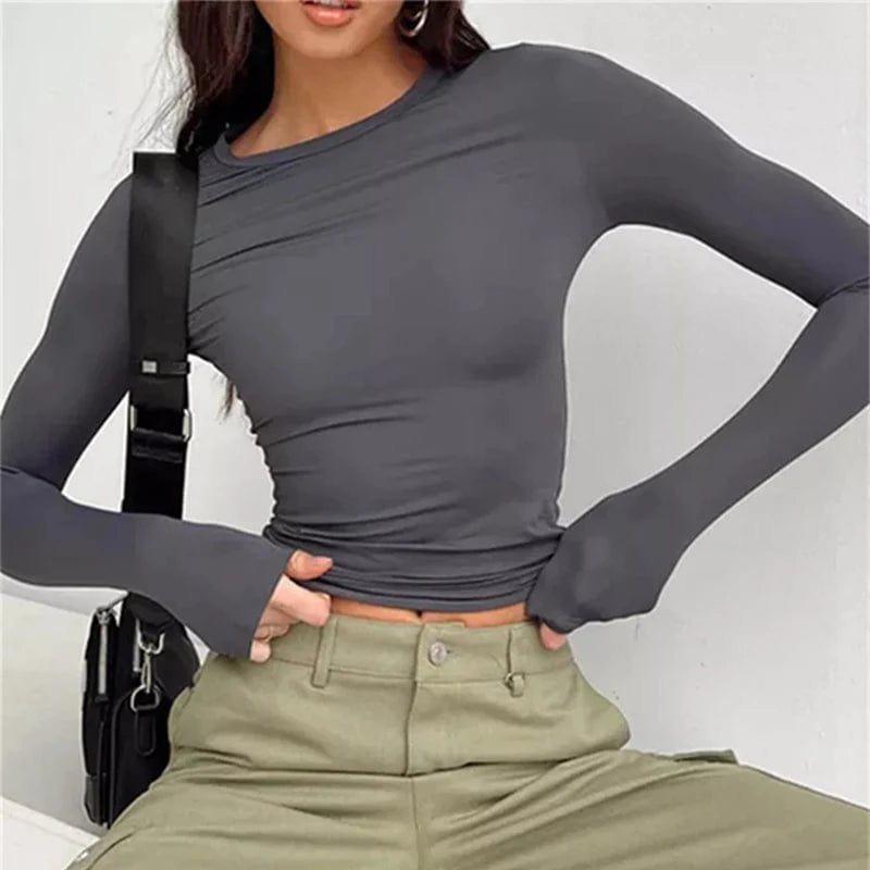 Eleganza Italiana Autumn Winter Y2k Crop Women Long Sleeve T Shirt O Neck Slim Fit Pullovers Solid Basic Tee Female Streetwear Casual Base Tops Streetwear high fashion shein amazon temu target Walmart online