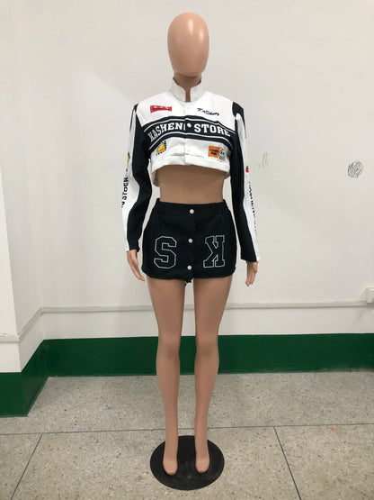 Eleganza Italiana Baseball Varsity Jacket Crop Tops Two 2 Piece Skirt Sets Y2K Streetwear Winter Women Cyber Racer Cropped Jackets Trench Coats Streetwear high fashion shein amazon temu target Walmart online