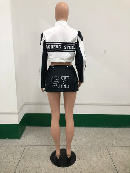 Eleganza Italiana Baseball Varsity Jacket Crop Tops Two 2 Piece Skirt Sets Y2K Streetwear Winter Women Cyber Racer Cropped Jackets Trench Coats Streetwear high fashion shein amazon temu target Walmart online