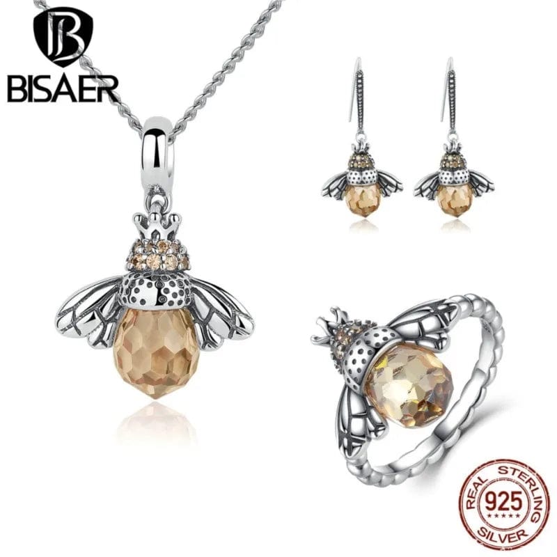 Eleganza Italiana BISAER 925 Sterling Silver Cute Orange Zircon Bee Jewelry Set Pendant Necklace &amp; Stud Earrings &amp; Ring For Elegant Women&