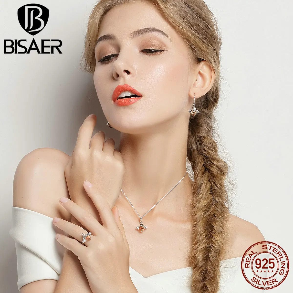 Eleganza Italiana BISAER 925 Sterling Silver Cute Orange Zircon Bee Jewelry Set Pendant Necklace &amp; Stud Earrings &amp; Ring For Elegant Women&