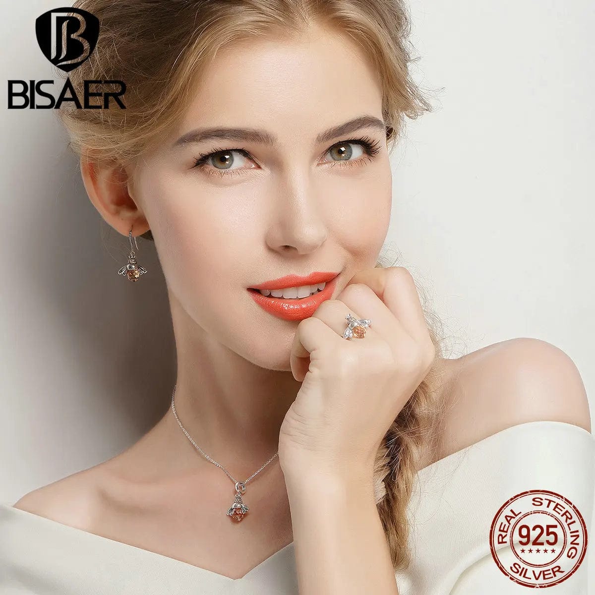 Eleganza Italiana BISAER 925 Sterling Silver Cute Orange Zircon Bee Jewelry Set Pendant Necklace &amp; Stud Earrings &amp; Ring For Elegant Women&