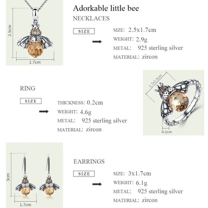 Eleganza Italiana BISAER 925 Sterling Silver Cute Orange Zircon Bee Jewelry Set Pendant Necklace &amp; Stud Earrings &amp; Ring For Elegant Women&