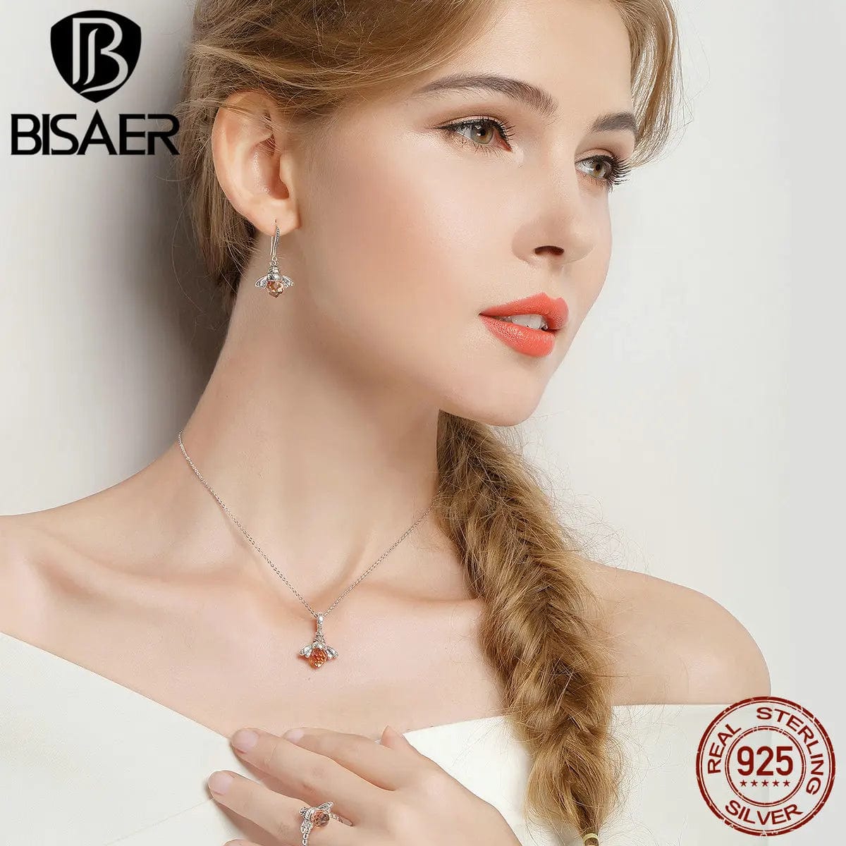 Eleganza Italiana BISAER 925 Sterling Silver Cute Orange Zircon Bee Jewelry Set Pendant Necklace &amp; Stud Earrings &amp; Ring For Elegant Women&