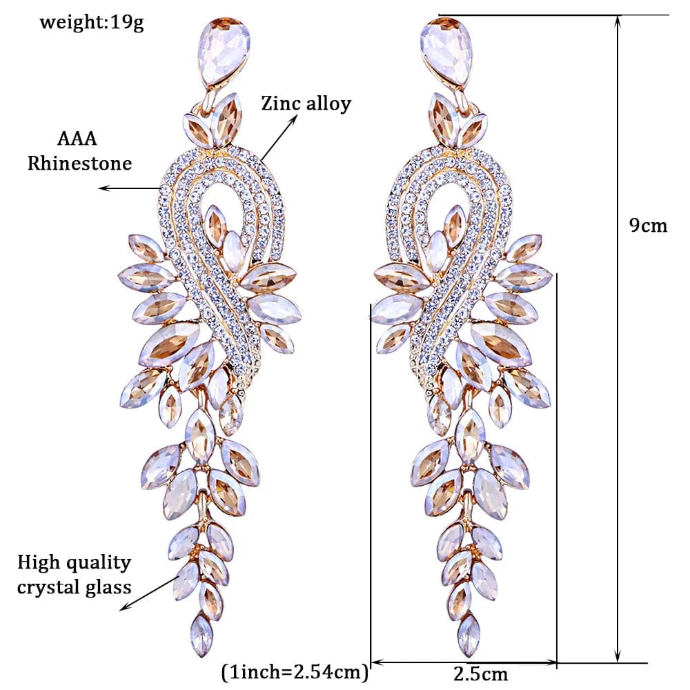 Eleganza Italiana Bridal jewellery Luxury crystal leaf large earrings long drop earrings for women wedding party jewelry accessory Streetwear high fashion shein amazon temu target Walmart online