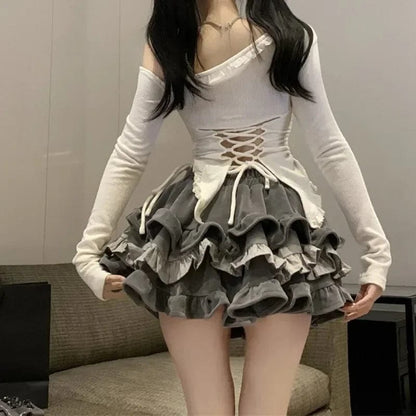 Eleganza Italiana Cake Puff Skirts Women Designed Hotsweet Girl A-line Grey Baggy Cute Folds All-match Mini Y2k Skirt Female Stylish Ulzzang Chic Streetwear high fashion shein amazon temu target Walmart online