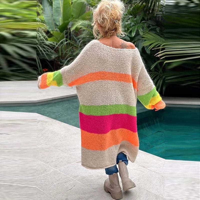 Eleganza Italiana Casual V Neck Long Sleeve Knitted Dress Fashion Rainbow Stripe Dopamine Women Sweater Autumn Ladies Loose Long Pullover Dresses Streetwear high fashion shein amazon temu target Walmart online