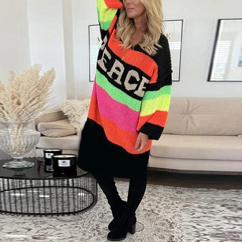 Eleganza Italiana Casual V Neck Long Sleeve Knitted Dress Fashion Rainbow Stripe Dopamine Women Sweater Autumn Ladies Loose Long Pullover Dresses Streetwear high fashion shein amazon temu target Walmart online