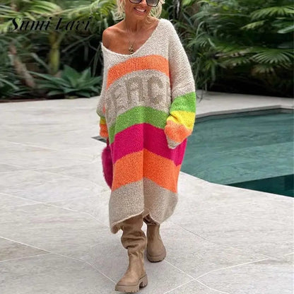 Eleganza Italiana Casual V Neck Long Sleeve Knitted Dress Fashion Rainbow Stripe Dopamine Women Sweater Autumn Ladies Loose Long Pullover Dresses Streetwear high fashion shein amazon temu target Walmart online