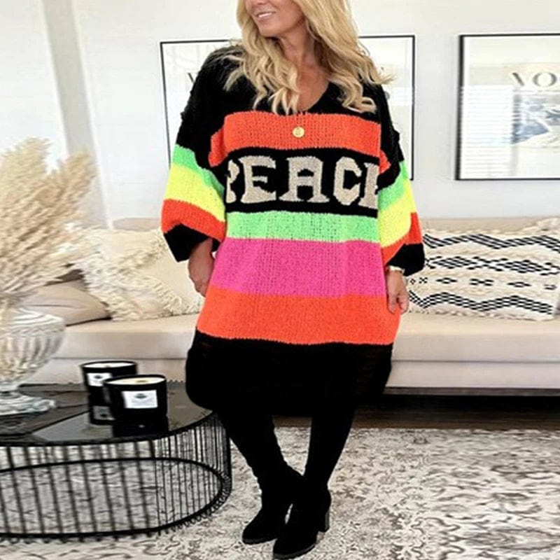 Eleganza Italiana Casual V Neck Long Sleeve Knitted Dress Fashion Rainbow Stripe Dopamine Women Sweater Autumn Ladies Loose Long Pullover Dresses Streetwear high fashion shein amazon temu target Walmart online