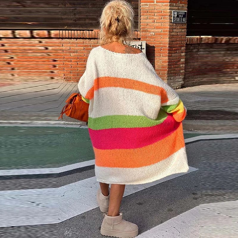 Eleganza Italiana Casual V Neck Long Sleeve Knitted Dress Fashion Rainbow Stripe Dopamine Women Sweater Autumn Ladies Loose Long Pullover Dresses Streetwear high fashion shein amazon temu target Walmart online