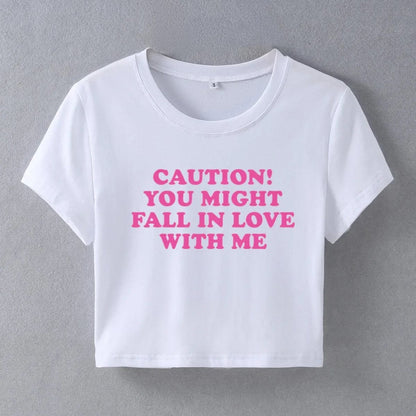 Eleganza Italiana Caution You Might Fall In Love with Me Womens Crop Top Harajuku Kawaii Baby Tee 2000s Y2k Summer Fashion T Shirt Female Streetwear high fashion shein amazon temu target Walmart online