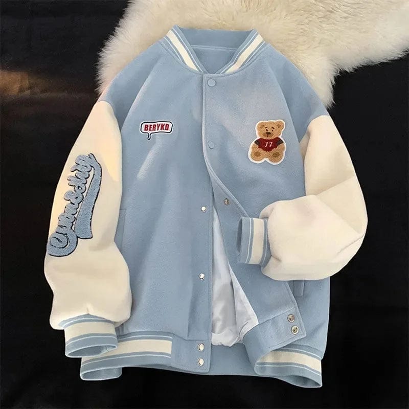 Eleganza Italiana Chic Spring/Fall Preppy Style Baseball Jacket Women Casual Bear embroidered baseball Coat y2k men and women Couples Clothing Streetwear high fashion shein amazon temu target Walmart online