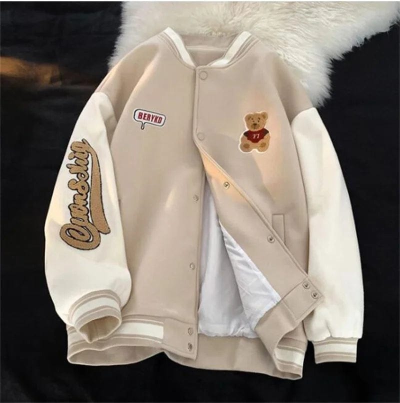 Eleganza Italiana Chic Spring/Fall Preppy Style Baseball Jacket Women Casual Bear embroidered baseball Coat y2k men and women Couples Clothing Streetwear high fashion shein amazon temu target Walmart online