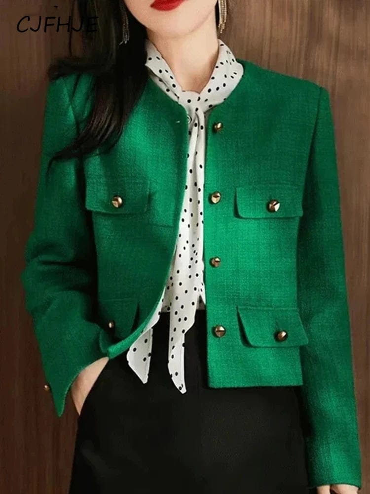 Eleganza Italiana CJFHJE Classic Green Cropped Tweed Jackets Spring Fall Elegant Slim Coat Luxury Streetwear Chaqueta Oversize 3XL Fashion Outwear Streetwear high fashion shein amazon temu target Walmart online