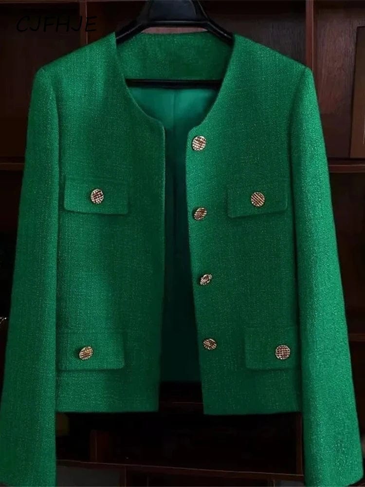 Eleganza Italiana CJFHJE Classic Green Cropped Tweed Jackets Spring Fall Elegant Slim Coat Luxury Streetwear Chaqueta Oversize 3XL Fashion Outwear Streetwear high fashion shein amazon temu target Walmart online