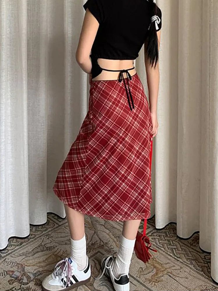 Eleganza Italiana DEEOTOWN Y2k Plaid Long Skirt Low Waist Slim Women Streetwear Gyaru Mesh Patchwork Straight Maxi Skirt Autumn Fashion Girl Streetwear high fashion shein amazon temu target Walmart online