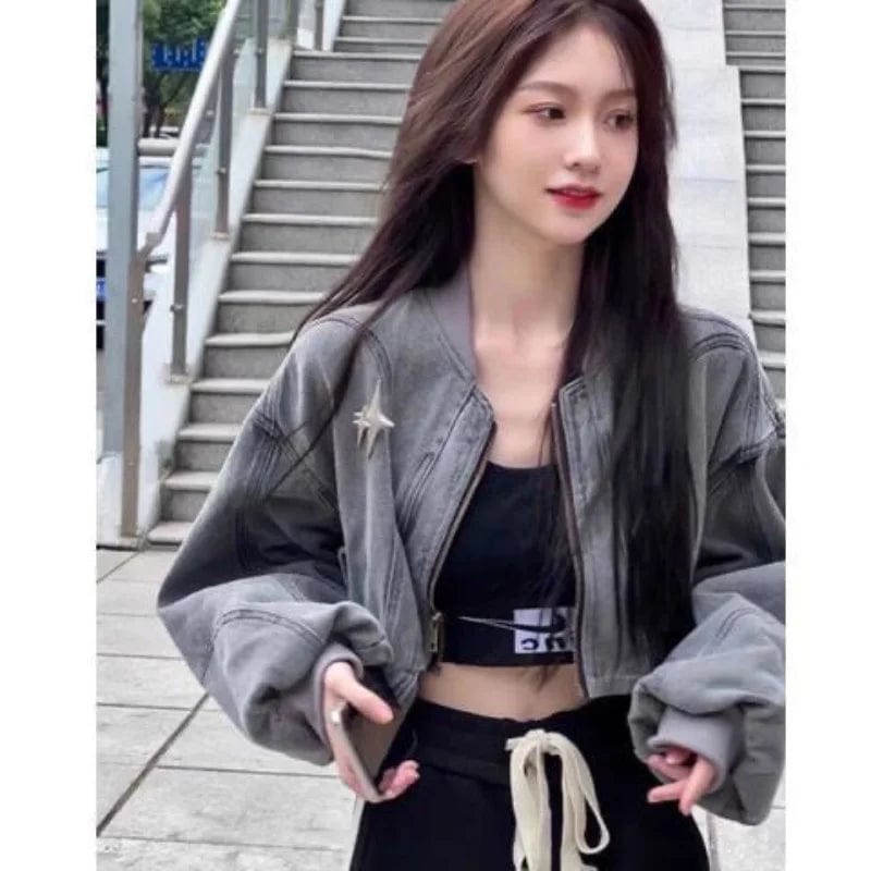 Eleganza Italiana Deeptown Y2k Grunge Cross Crop Grey Denim Jackets Women Hippie Streetwear 90s Oversize Zip Jackets Harajuku Kpop Coat Female Streetwear high fashion shein amazon temu target Walmart online