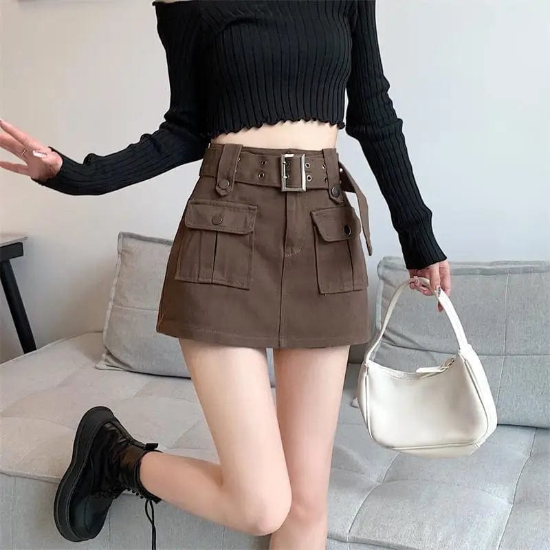 Eleganza Italiana Designer Fake Two-piece Skirts Shorts Women Autumn and Winter High-waisted Y2K A-line Belt Shorts Women&