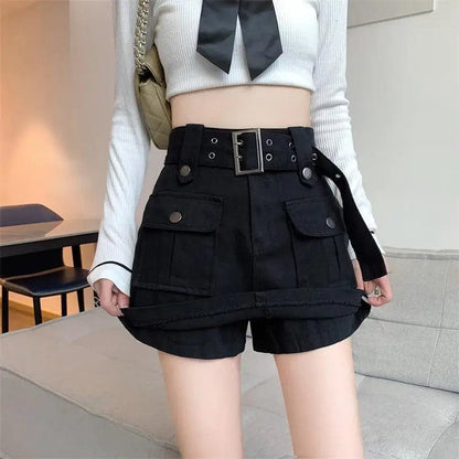 Eleganza Italiana Designer Fake Two-piece Skirts Shorts Women Autumn and Winter High-waisted Y2K A-line Belt Shorts Women&