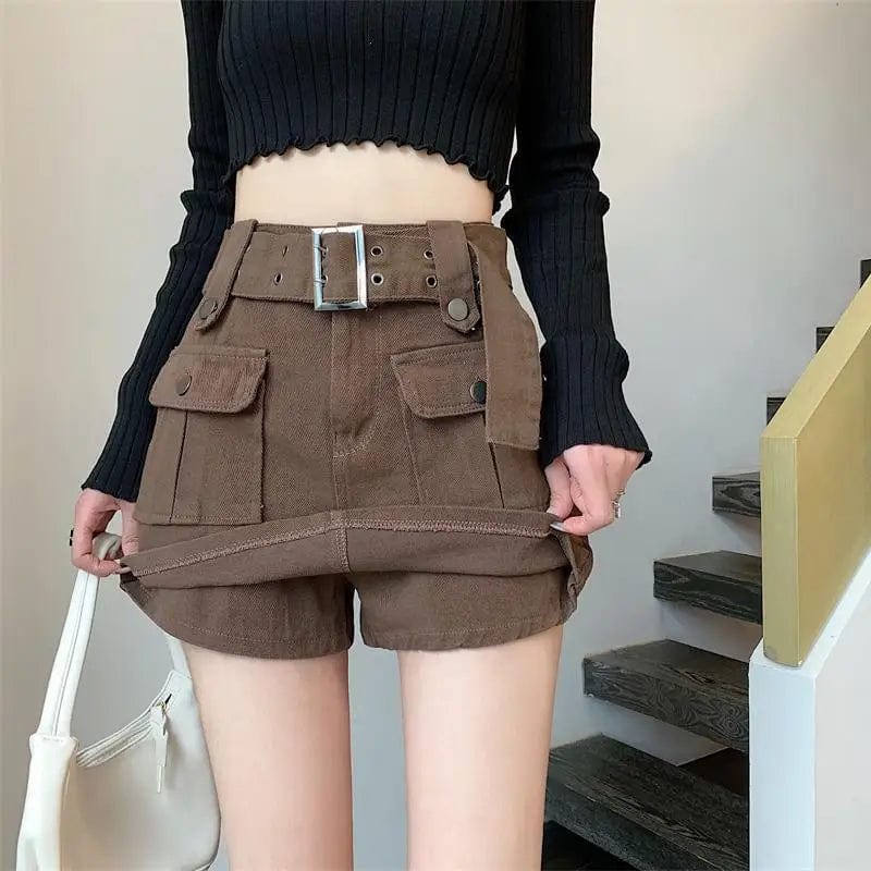 Eleganza Italiana Designer Fake Two-piece Skirts Shorts Women Autumn and Winter High-waisted Y2K A-line Belt Shorts Women&