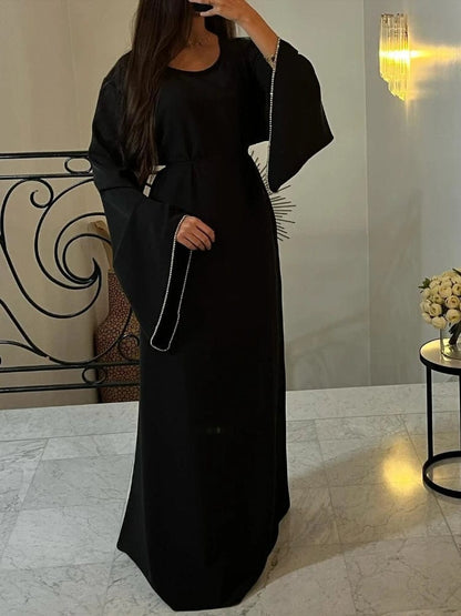 Eleganza Italiana Eid Ramadan Party Dress for Women Muslim Abaya Diamond Flare Sleeve Long Dress Belt Morocco Kaftan Vestidos Dubai Robe Jalabiya Streetwear high fashion shein amazon temu target Walmart online