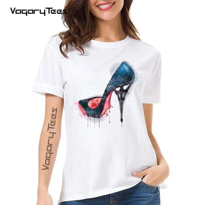 Eleganza Italiana Eiffel Tower Shoe design Painter art funny geek t shirt Women white casual t-shirt Female unisex engineer streetwear tshirt Streetwear high fashion shein amazon temu target Walmart online