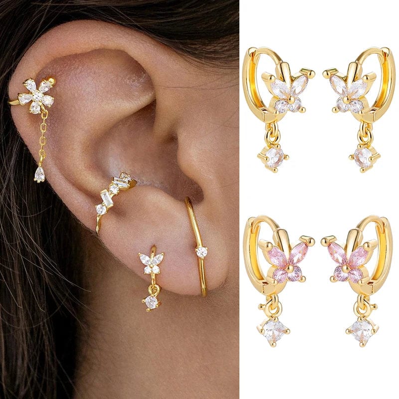 Eleganza Italiana Elegant CZ Zircon Butterfly Ear Buckle Hoop Earrings for Women Gold Plated Crystal Eardrop Cartilage Piercing Jewelry Party Gift Streetwear high fashion shein amazon temu target Walmart online