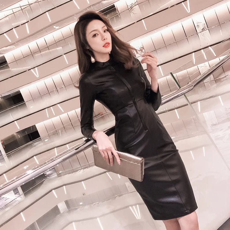 Eleganza Italiana European station pu leather dress autumn and winter new temperament plus velvet waist black Regular  Solid  Sheath Streetwear high fashion shein amazon temu target Walmart online