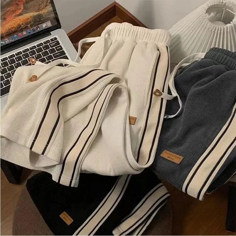 Eleganza Italiana Fall Striped Corduroy Sweatpants Women Winter Thick High Waist Drawstring Wide Leg Trousers Y2K Korean All-Match Straight Pants Streetwear high fashion shein amazon temu target Walmart online