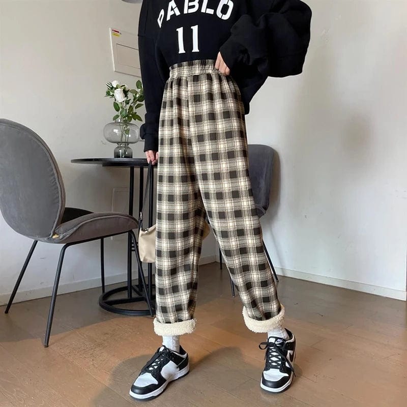 Eleganza Italiana Fall Winter Thick Warm Plaid Pants Women Y2K Fashion Loose Causal Wide Leg Trousers High Waist Preppy All Match Straight Pants Streetwear high fashion shein amazon temu target Walmart online