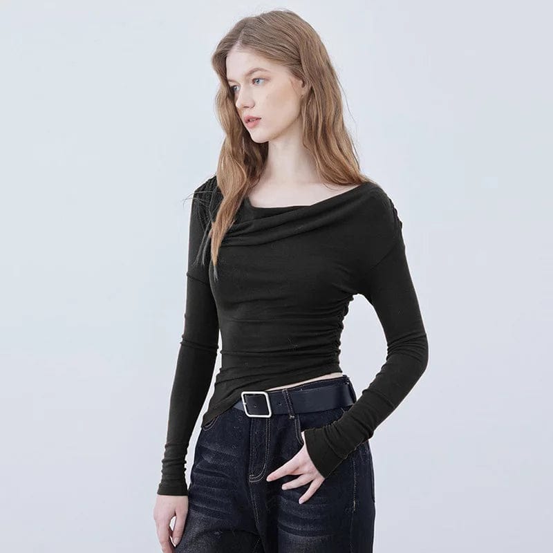 Eleganza Italiana Fall Women Simple Swing Slash Collar Long Sleeve Solid Slimfit Pleat Blouse Undershirt Irregular Casual Harajuku Blouse Streetwear high fashion shein amazon temu target Walmart online