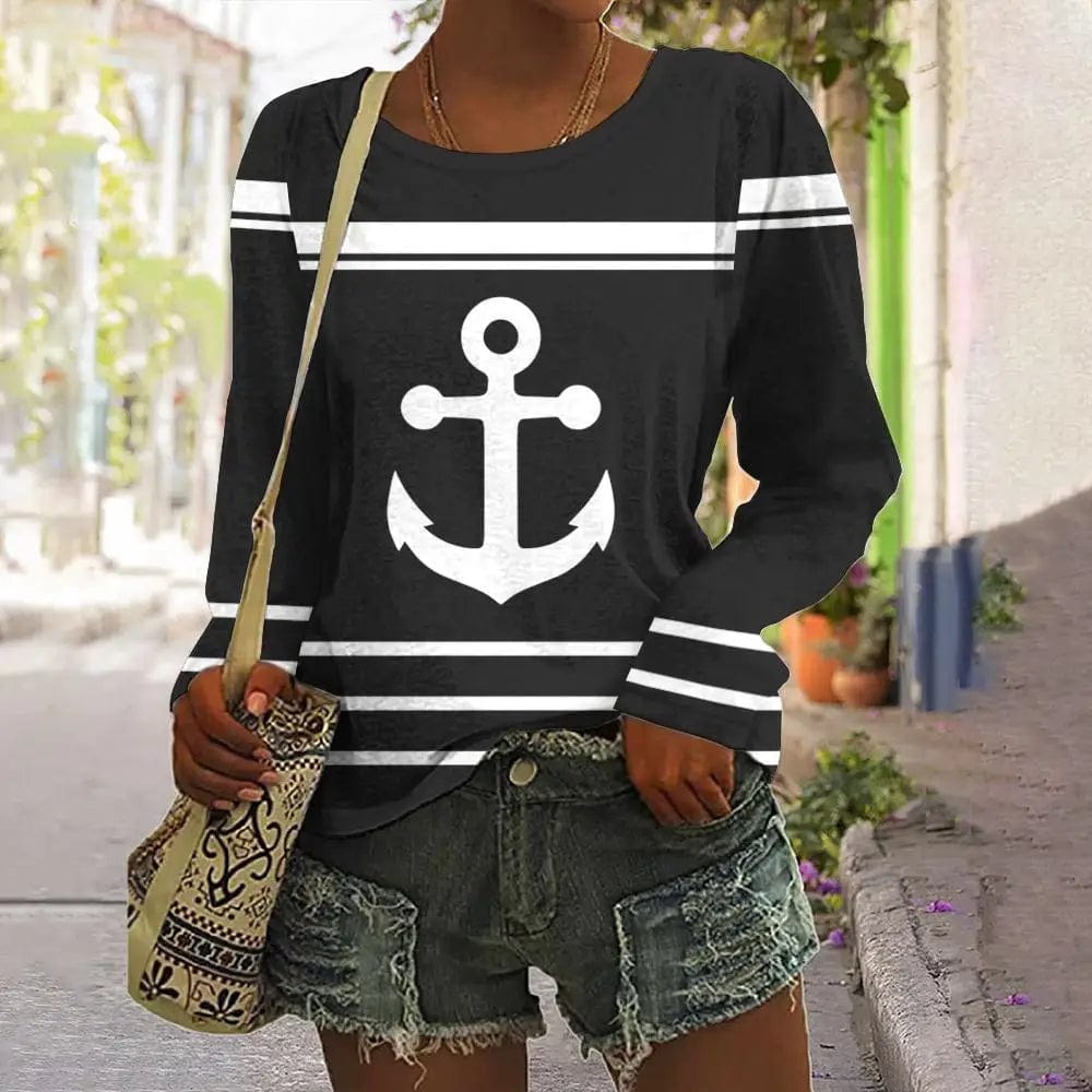 Eleganza Italiana Fashion Anchor Pattern Black And White Stripe Long Sleeves T shirt Fall Cotton Women&