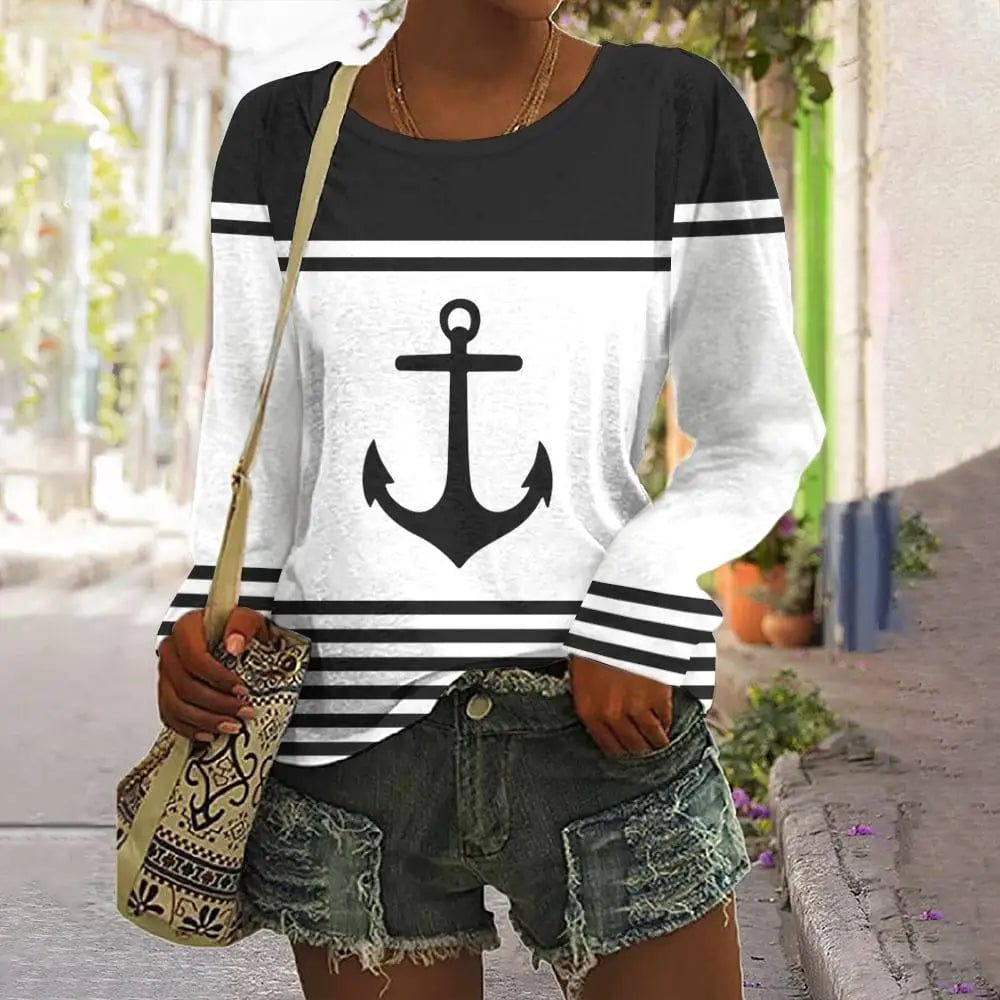 Eleganza Italiana Fashion Anchor Pattern Black And White Stripe Long Sleeves T shirt Fall Cotton Women&