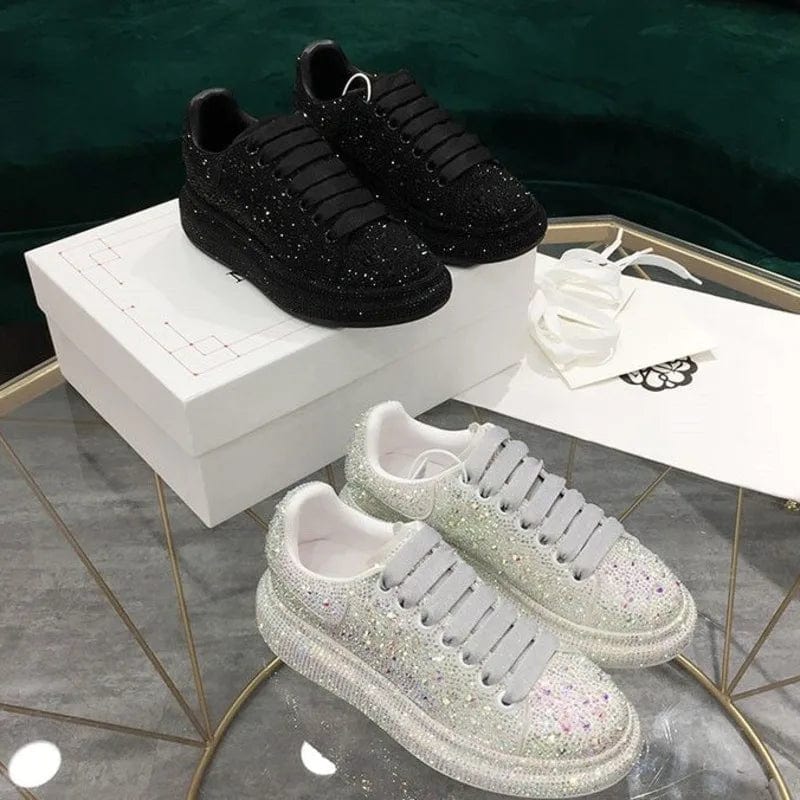 Eleganza Italiana Fashion Luxury Rhinestone Bling Shoes For Women 2023 Platform Casual Sneakers Designers PU Leather Black Silver Sports Shoes Y2k Streetwear high fashion shein amazon temu target Walmart online