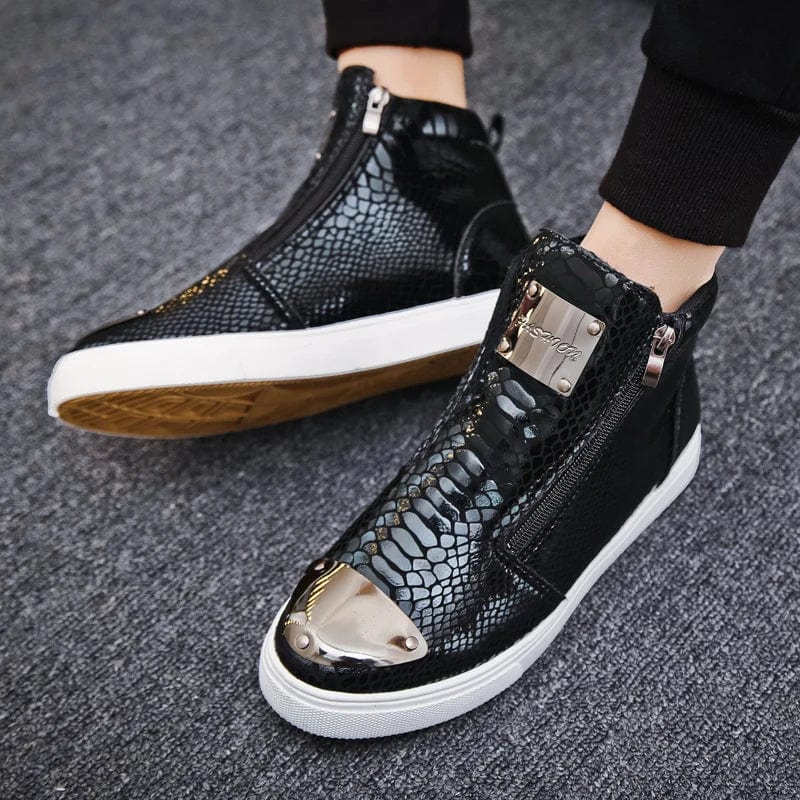 Eleganza Italiana Fashion Silver Crocodile Skateboard Sneakers Men Mirrors Designer Mens Luxury Shoes Streetwear High Top Zip Men&