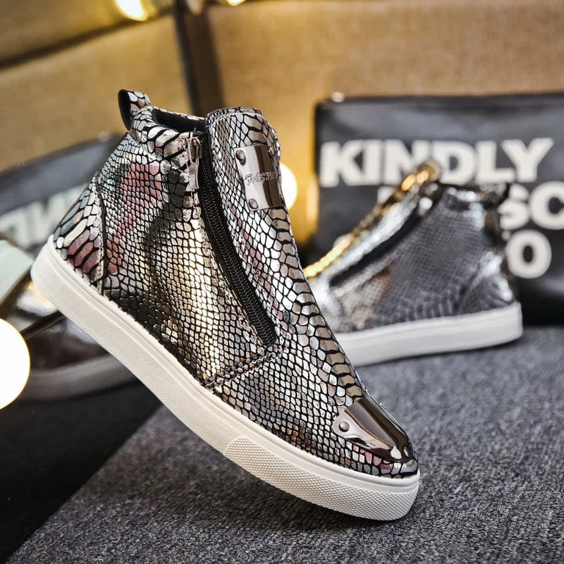 Eleganza Italiana Fashion Silver Crocodile Skateboard Sneakers Men Mirrors Designer Mens Luxury Shoes Streetwear High Top Zip Men&