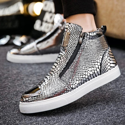 Eleganza Italiana Fashion Silver Crocodile Skateboard Sneakers Men Mirrors Designer Mens Luxury Shoes Streetwear High Top Zip Men&