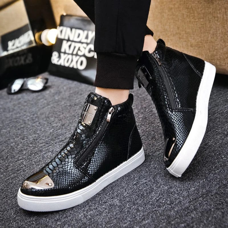 Eleganza Italiana Fashion Silver Crocodile Skateboard Sneakers Men Mirrors Designer Mens Luxury Shoes Streetwear High Top Zip Men&