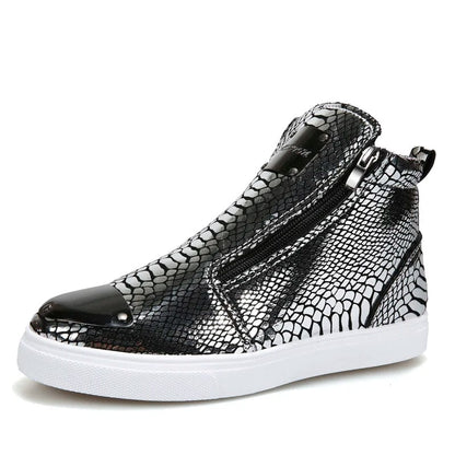 Eleganza Italiana Fashion Silver Crocodile Skateboard Sneakers Men Mirrors Designer Mens Luxury Shoes Streetwear High Top Zip Men&