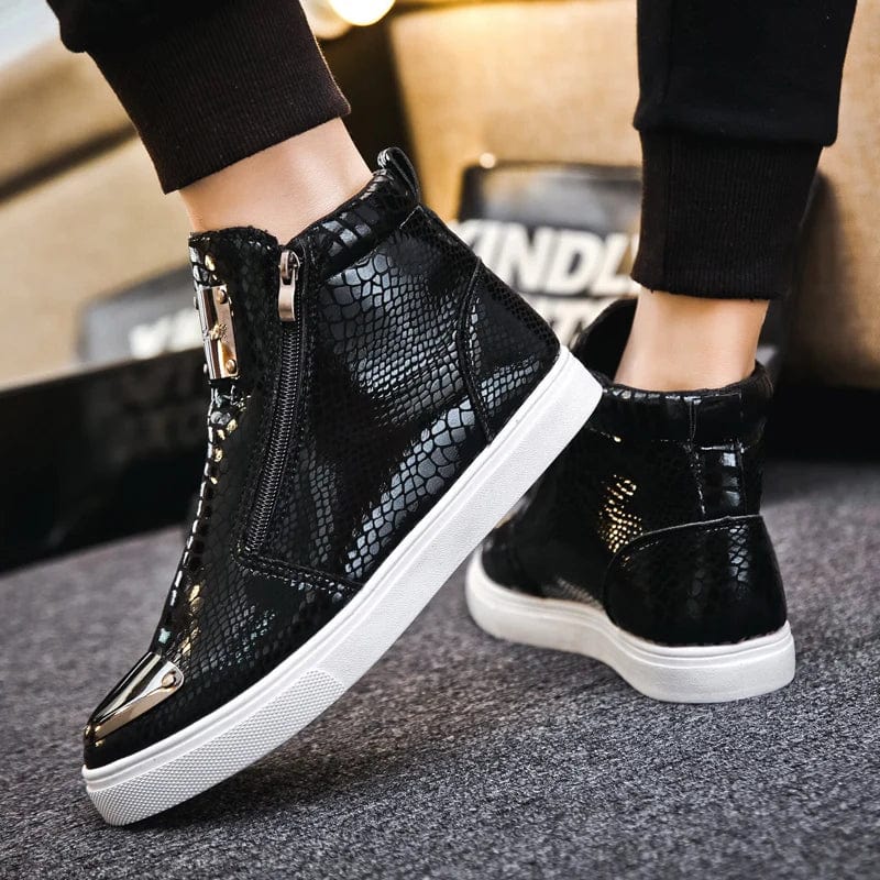 Eleganza Italiana Fashion Silver Crocodile Skateboard Sneakers Men Mirrors Designer Mens Luxury Shoes Streetwear High Top Zip Men&