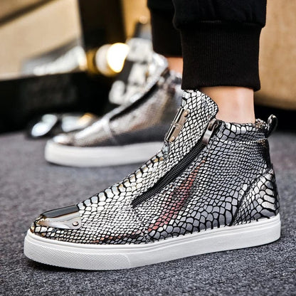 Eleganza Italiana Fashion Silver Crocodile Skateboard Sneakers Men Mirrors Designer Mens Luxury Shoes Streetwear High Top Zip Men&