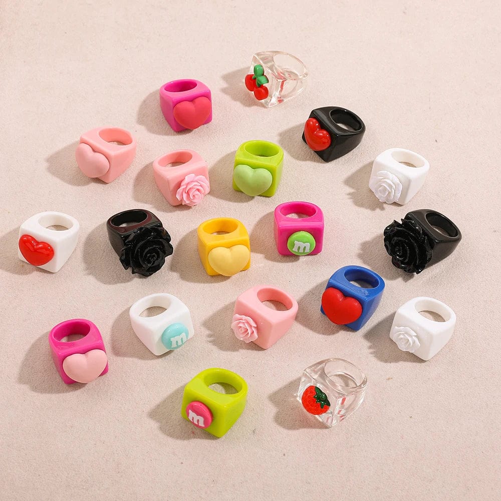 Eleganza Italiana Fashion Strawberry Cherry Heart Geometric Square Resin Acrylic Big Chunky Rings Set for Women Flower Finger Ring Y2K Jewelry Streetwear high fashion shein amazon temu target Walmart online